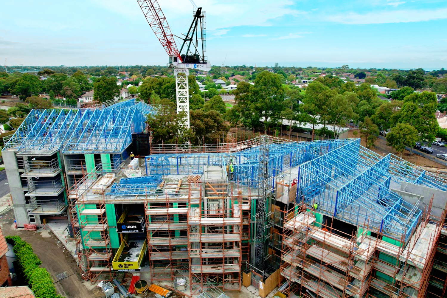 Modular Lightweight Steel Façade and Roof Truss Framing at Brighton Public Housing Renewal Project, supplied by CMG Frames.