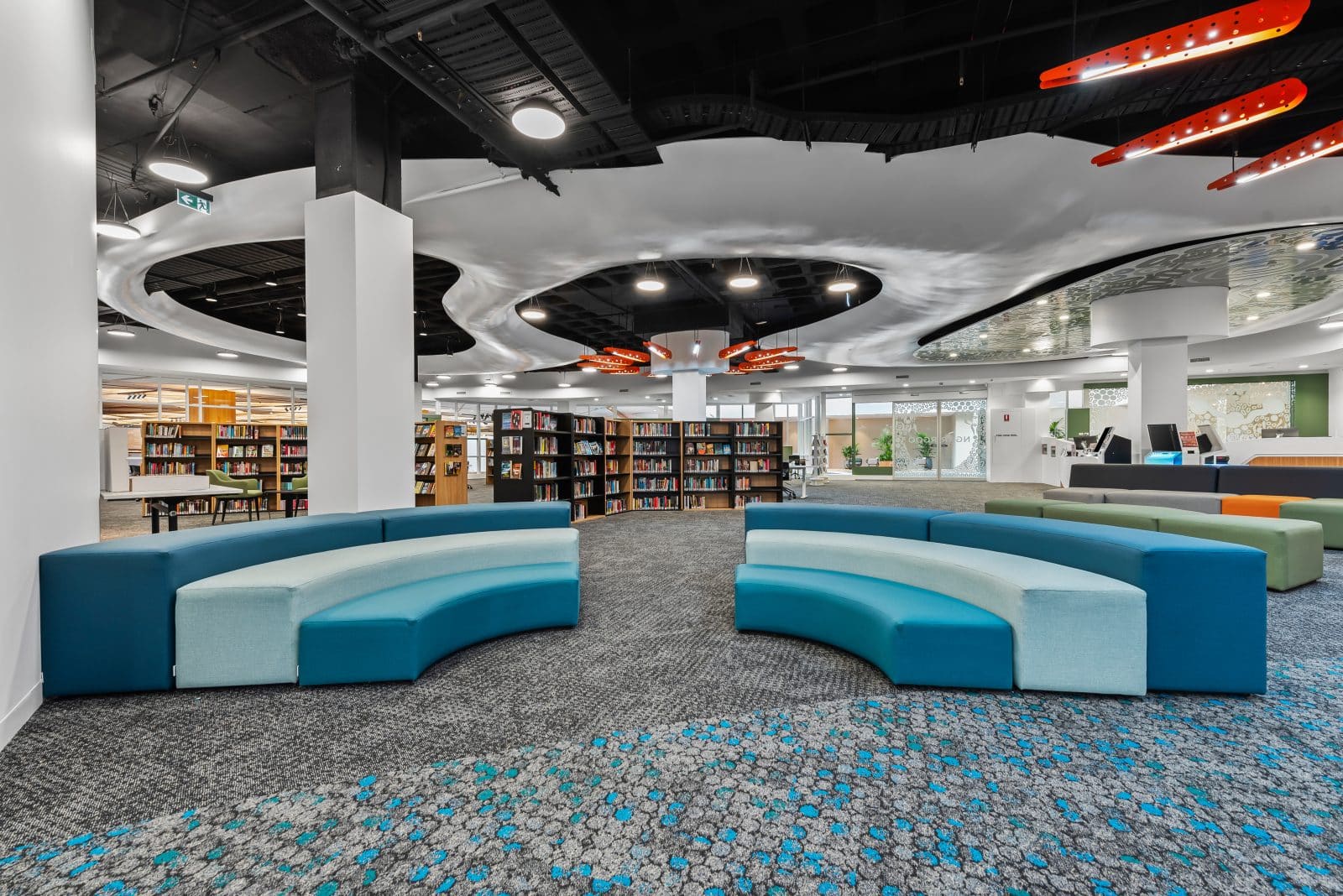 Custom lightweight steel feature ceiling by CMG Frames at Knox Library Melbourne.