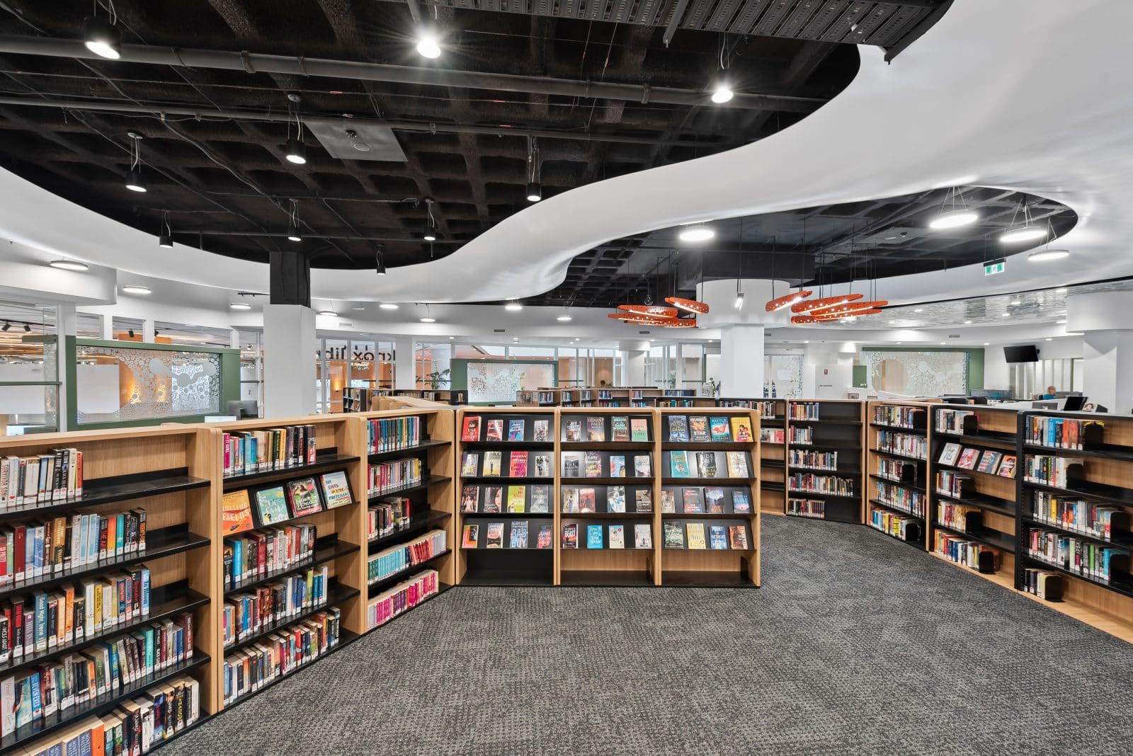 Custom lightweight steel feature ceiling by CMG Frames at Knox Library Melbourne.