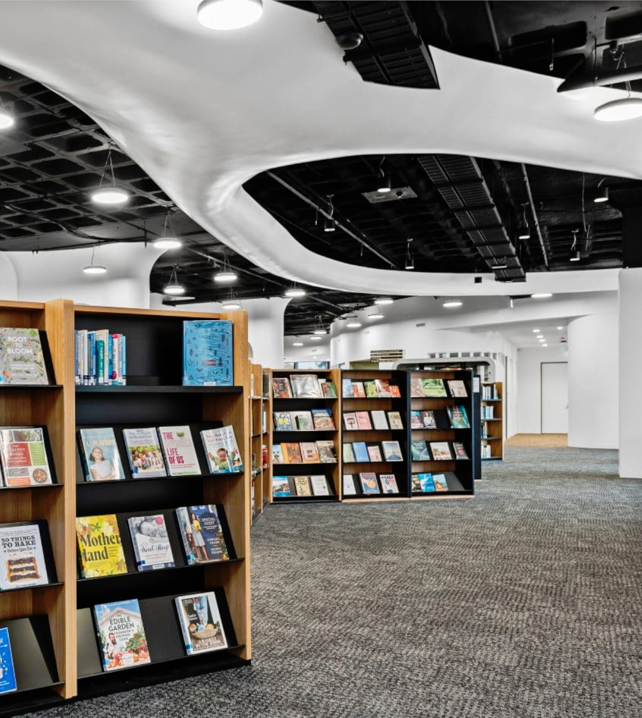 Custom lightweight steel feature ceiling by CMG Frames at Knox Library Melbourne.
