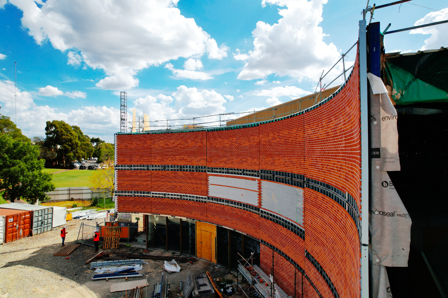 The Round Whitehorse Performing Arts Centre in Nunawading, Melbourne, with a brick-slip light guage steel frame face designed by CMG Frames.