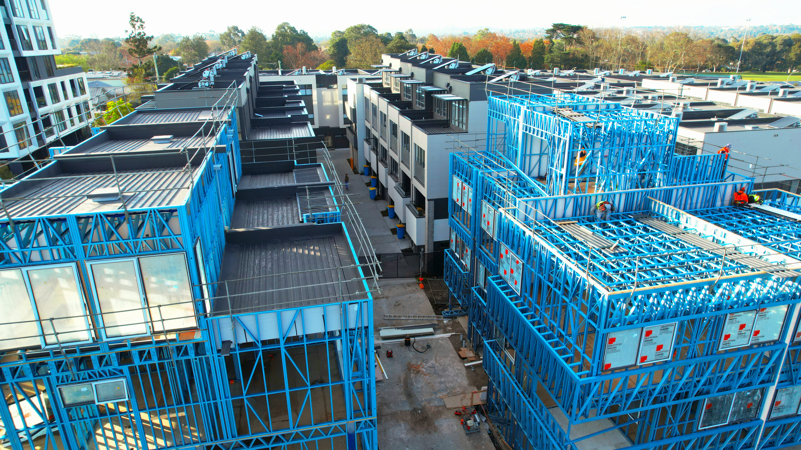 Bluescope Truecore light gauge steel frames at multi-unit townhouse development at Alphington Mills.