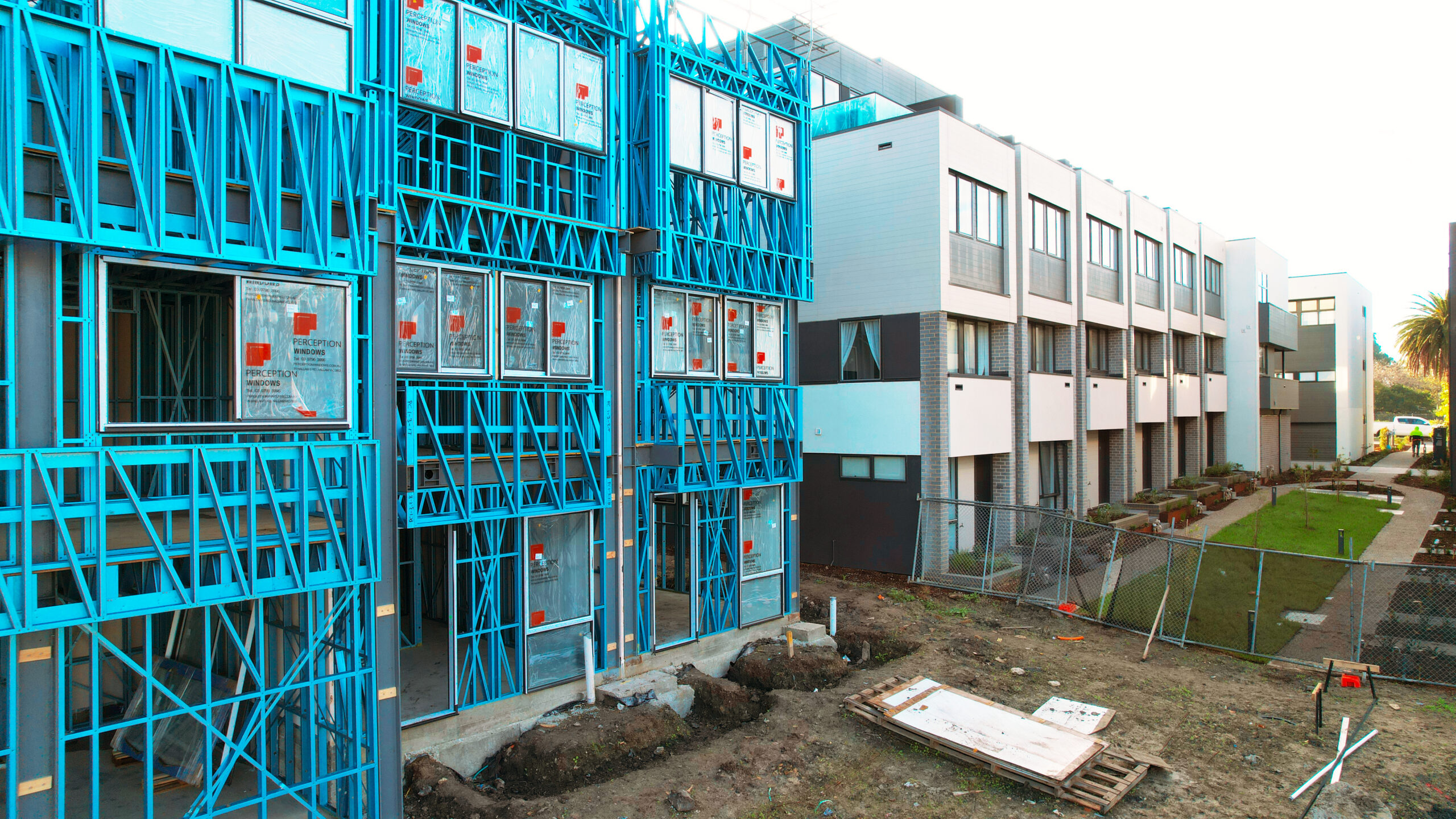 Bluescope Truecore light gauge steel frames at multi-unit townhouse development at Alphington Mills.