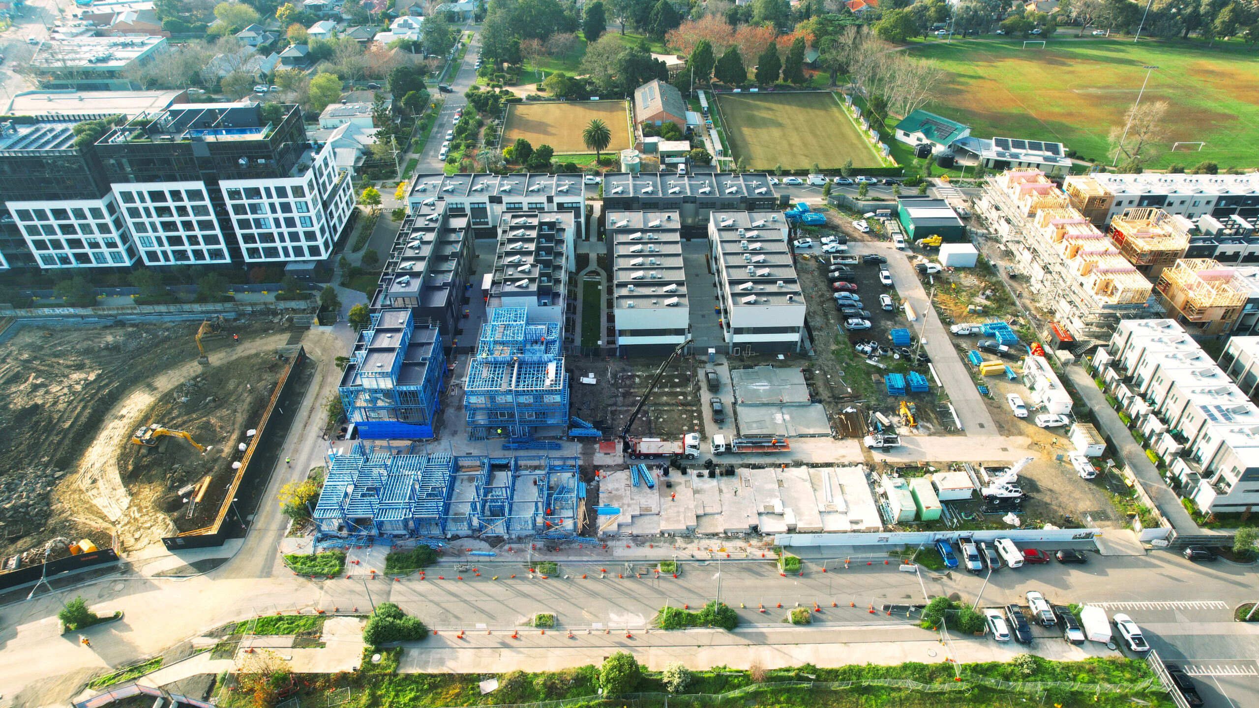 Aerial view of multi-unit townhouse development using light gauge steel framing by CMG Frames at Alphington Mills, Victoria.