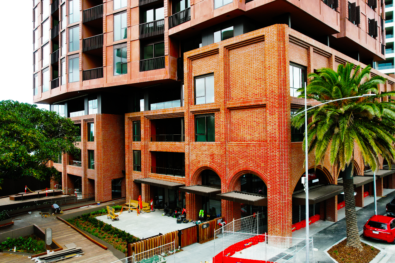 Prefabricated modular lightweight steel frame facade with a brick slip system by CMG Frames at Mcnab Avenue, Footscray.